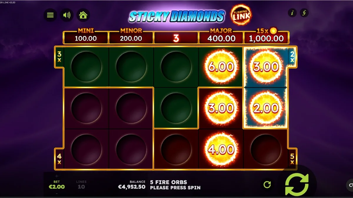 Tampilan visual mesin slot Sticky Diamonds Flaming Link dengan simbol klasik dan latar belakang petir
